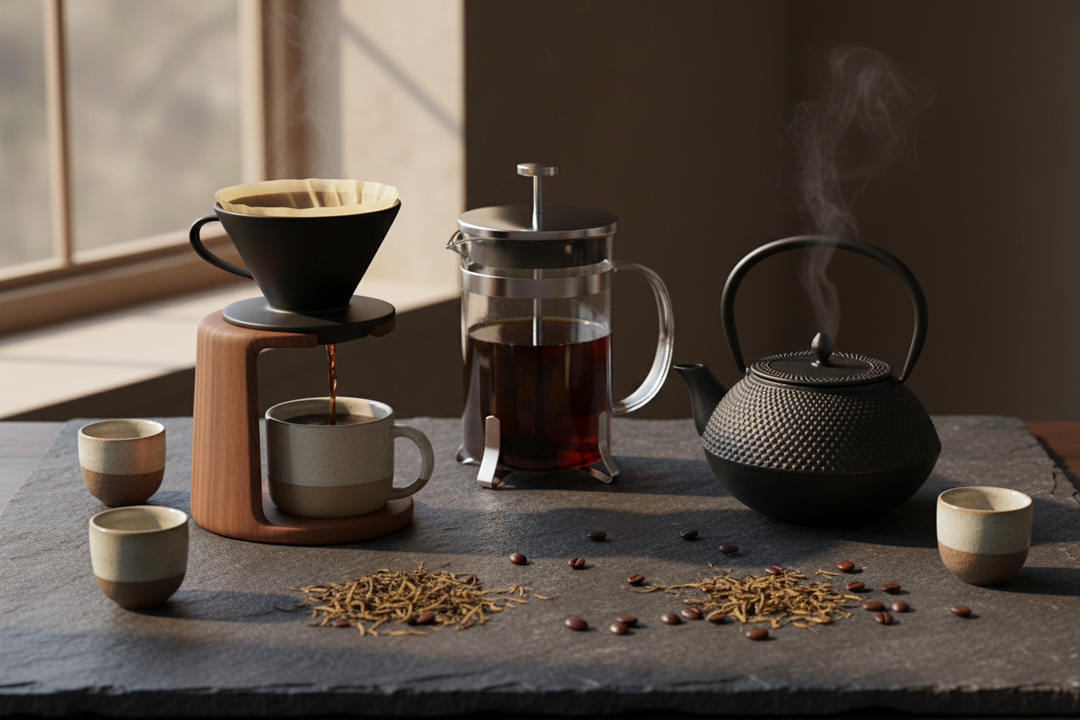 Double-walled glass coffee cup with handle and coffee beans on a table