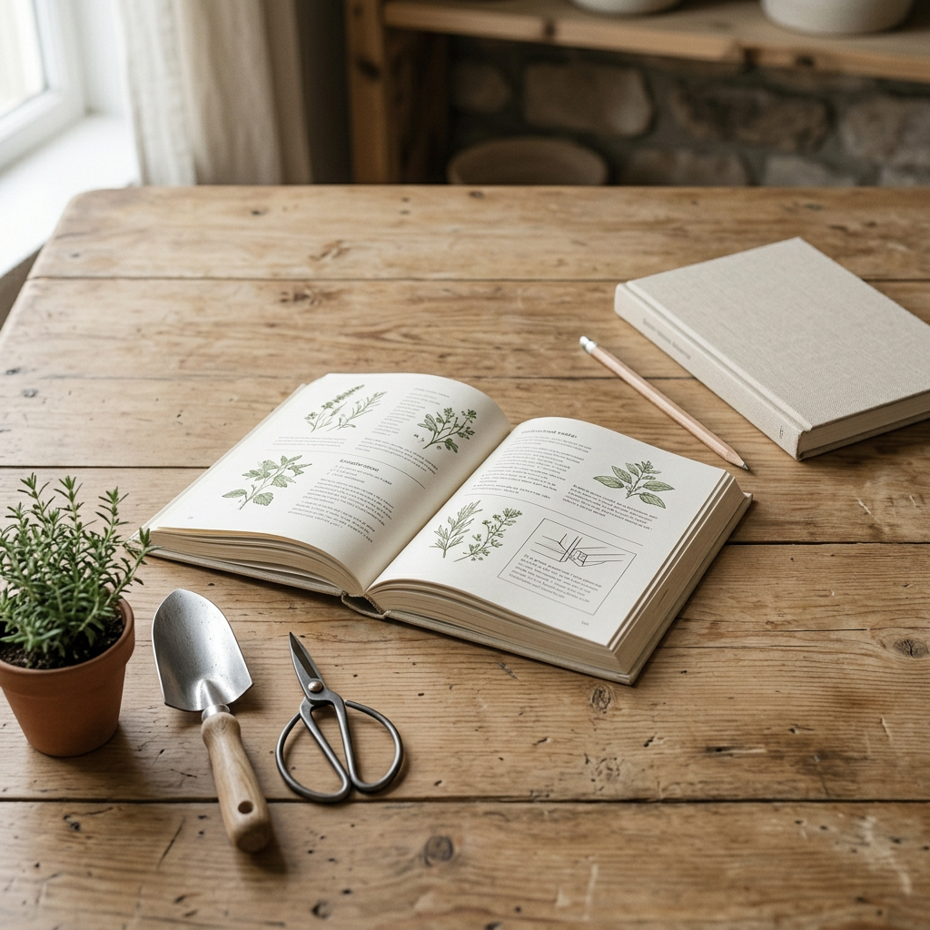 Open how-to book with minimal gardening tools on a wooden table
