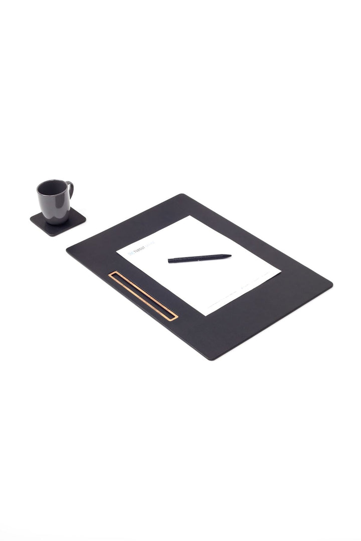 Leather Meeting Desk Black Horizontal Wooden Detailed 49x34cm