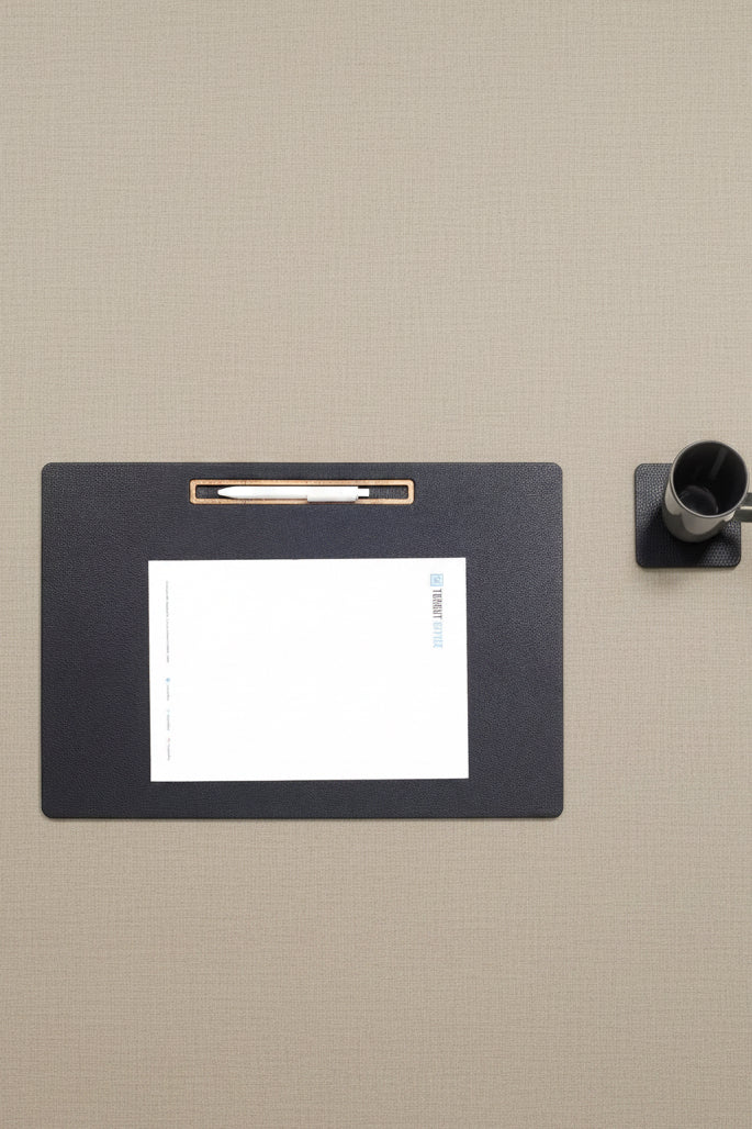 Leather Meeting Desk Black Horizontal Wooden Detailed 49x34cm