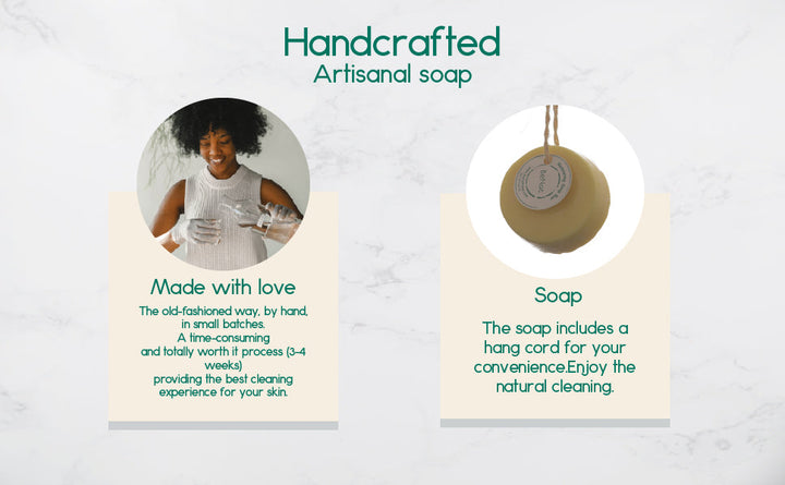 Hanging pale yellow round soap bar with label tag shown above on a light background.