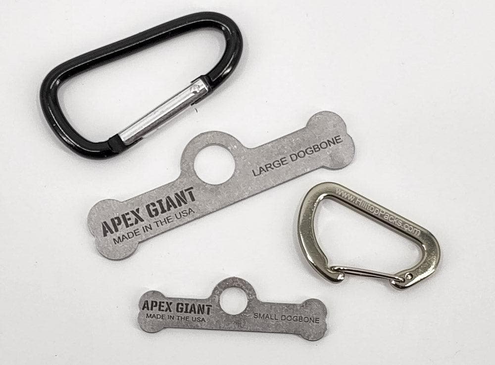 Metal dogbone bag toggle with APEX GIANT, small and large pieces plus carabiner