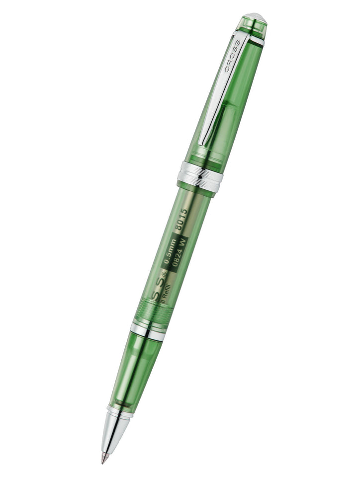 Translucent green resin rollerball pen with metal tip and barrel accents