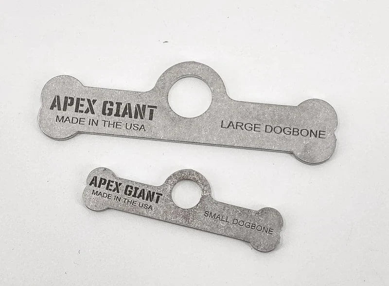 Metal dogbone bag toggle set with APEX GIANT markings, large and small sizes