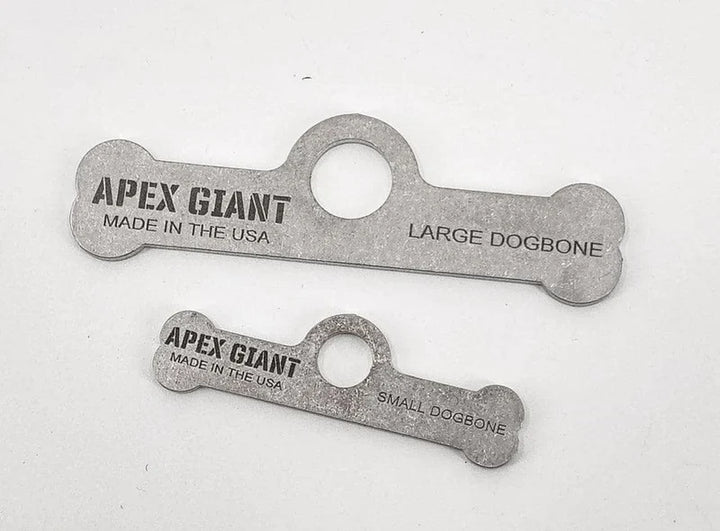 Metal dogbone bag toggle set with APEX GIANT markings, large and small sizes