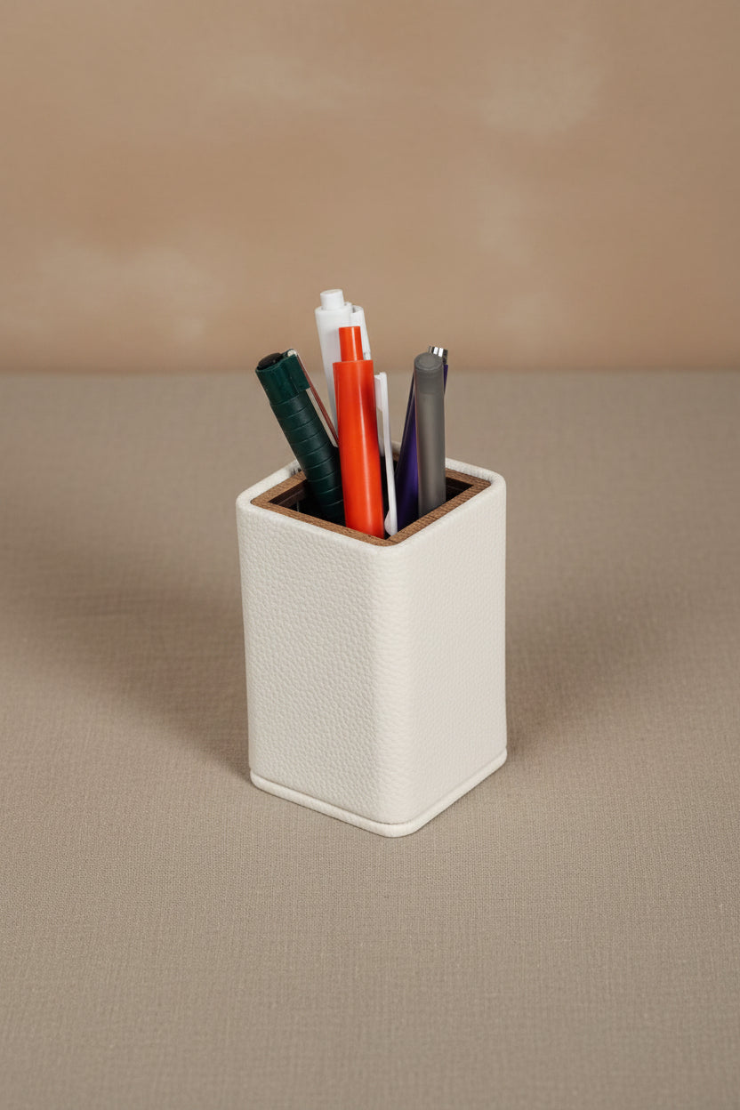 Desktop Small Wooden Detailed Pencil Holder White