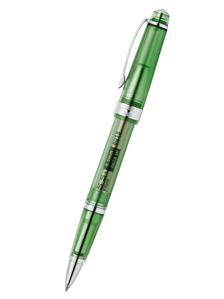 Translucent green resin rollerball pen with clip and metal tip
