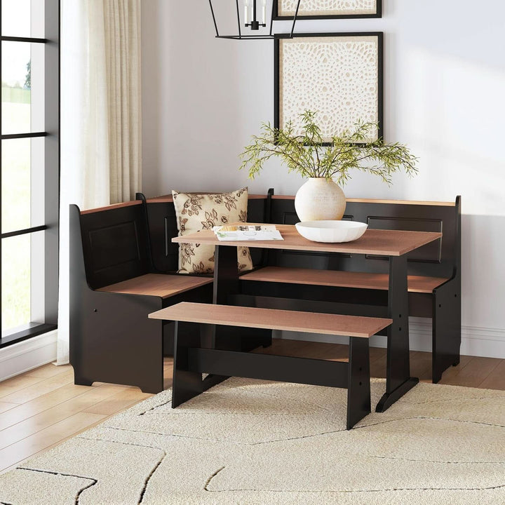 Black Pecan Five Seat Dining Set With Storage Benches