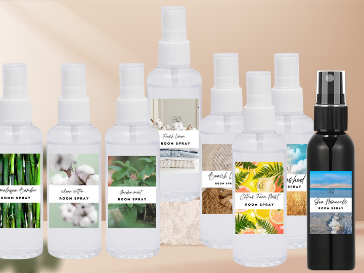 Assorted room spray bottles in multiple sizes and finishes, displayed together