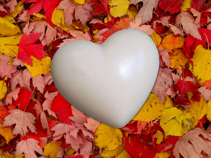White heart-shaped wax sachet surrounded by fall leaves
