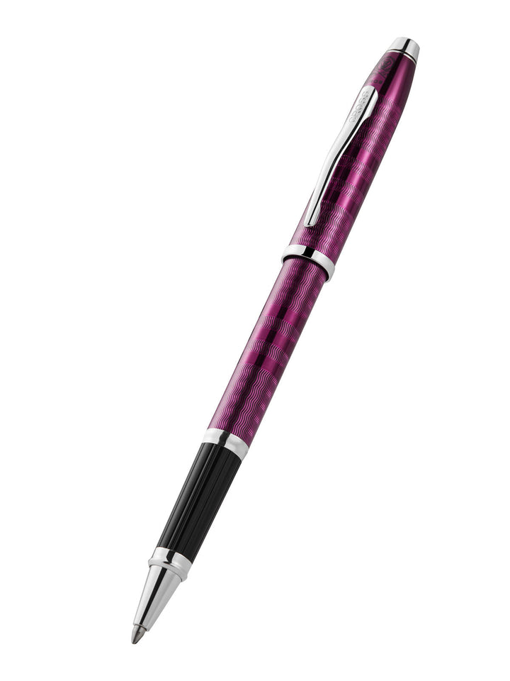 Midnight plum rollerball pen with silver cap band and pointed ball tip