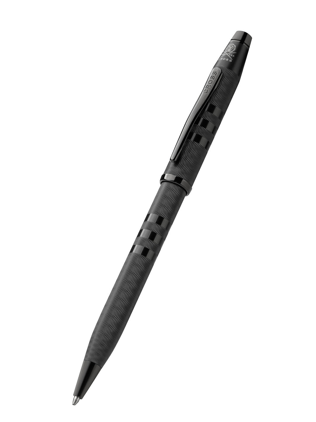 Dark black ballpoint pen with patterned barrel and pointed tip