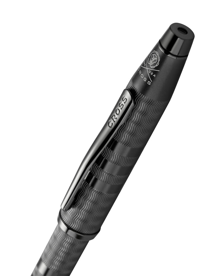 Midnight black ballpoint pen with clip and textured grip section