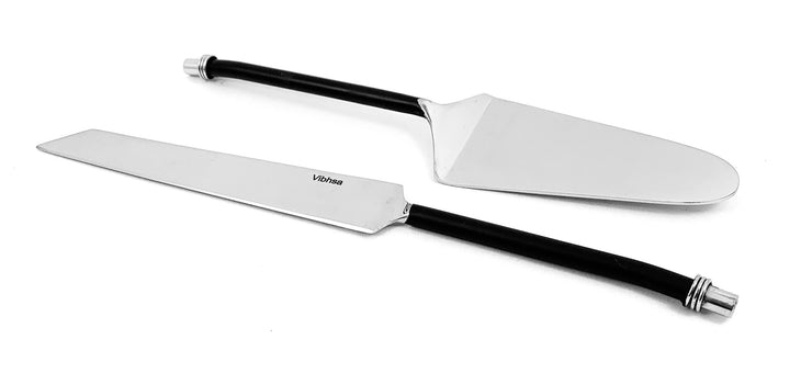 Cake server and cake knife with black twisted handles and stainless-steel blades