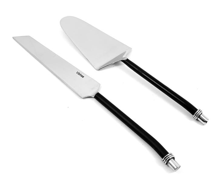 Cake cutting set with two stainless-steel blades and black twisted handles