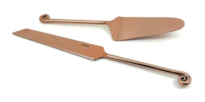 Copper-finish cake server spatula and matching cake knife with spiral handle