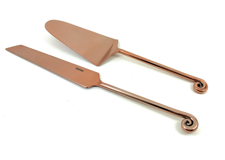 Copper-finish cake server and cake knife with matching spiral handles