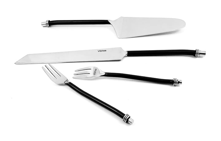 Cake server, cake knife, and fork set with black twisted handles and silver blades
