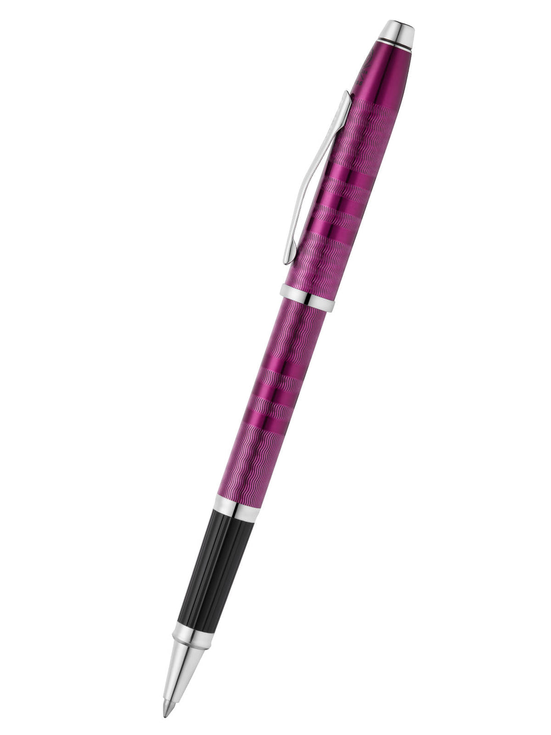Midnight plum rollerball pen, silver clip and metal grip near the tip