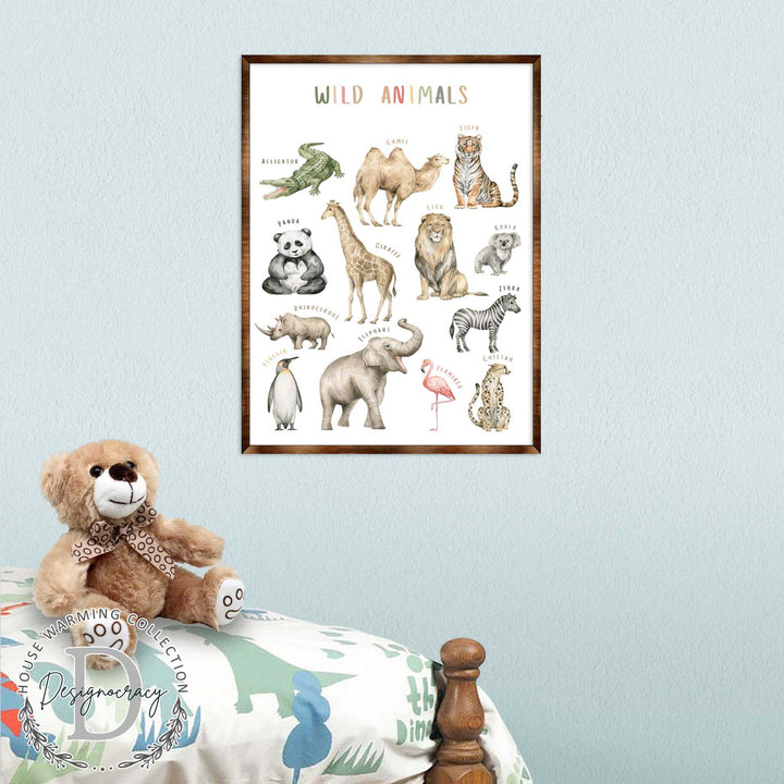 Framed wild animals poster with assorted animal illustrations and "Wild Animals" title