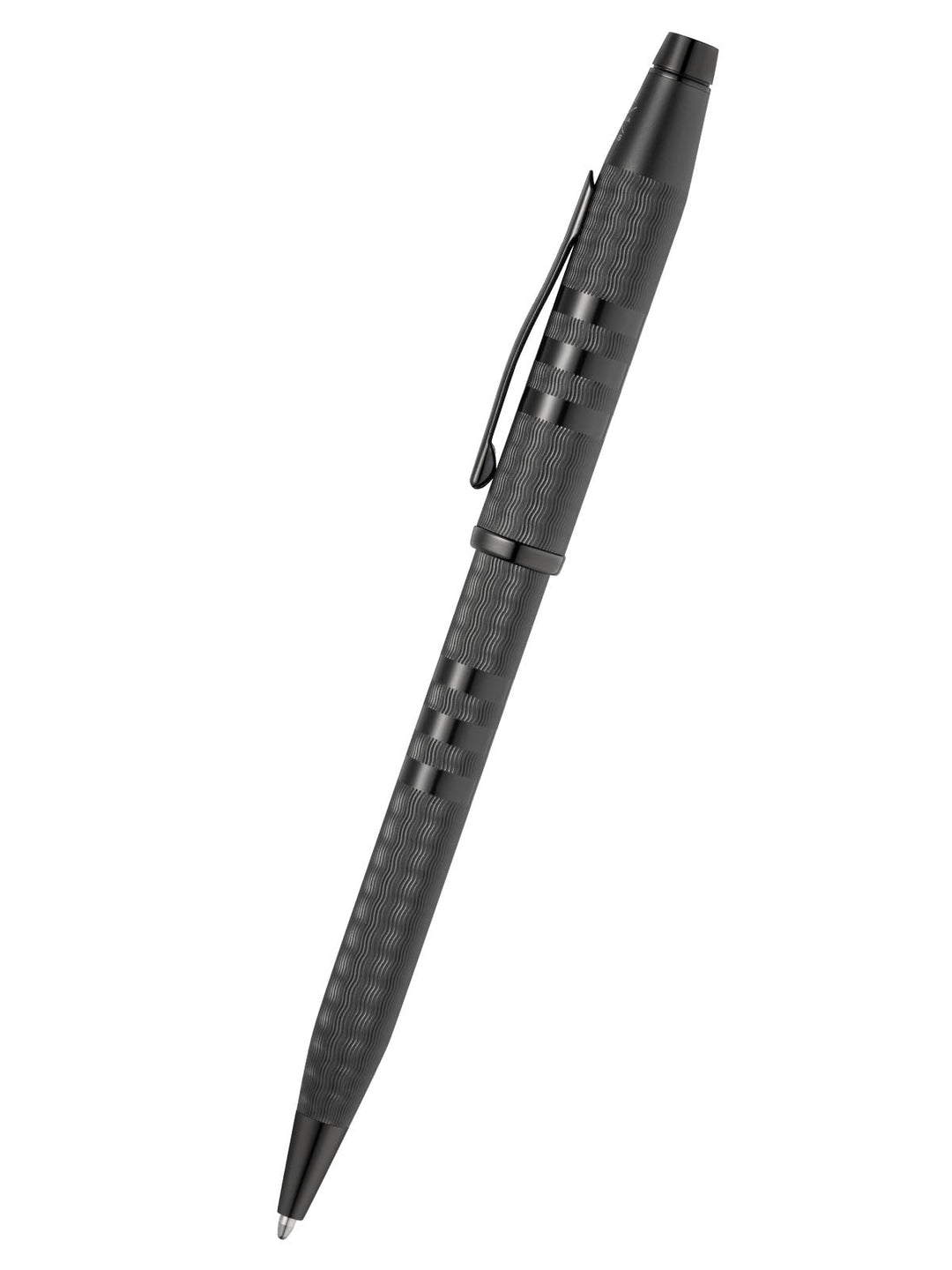 Midnight black ballpoint pen with textured grip and pointed tip