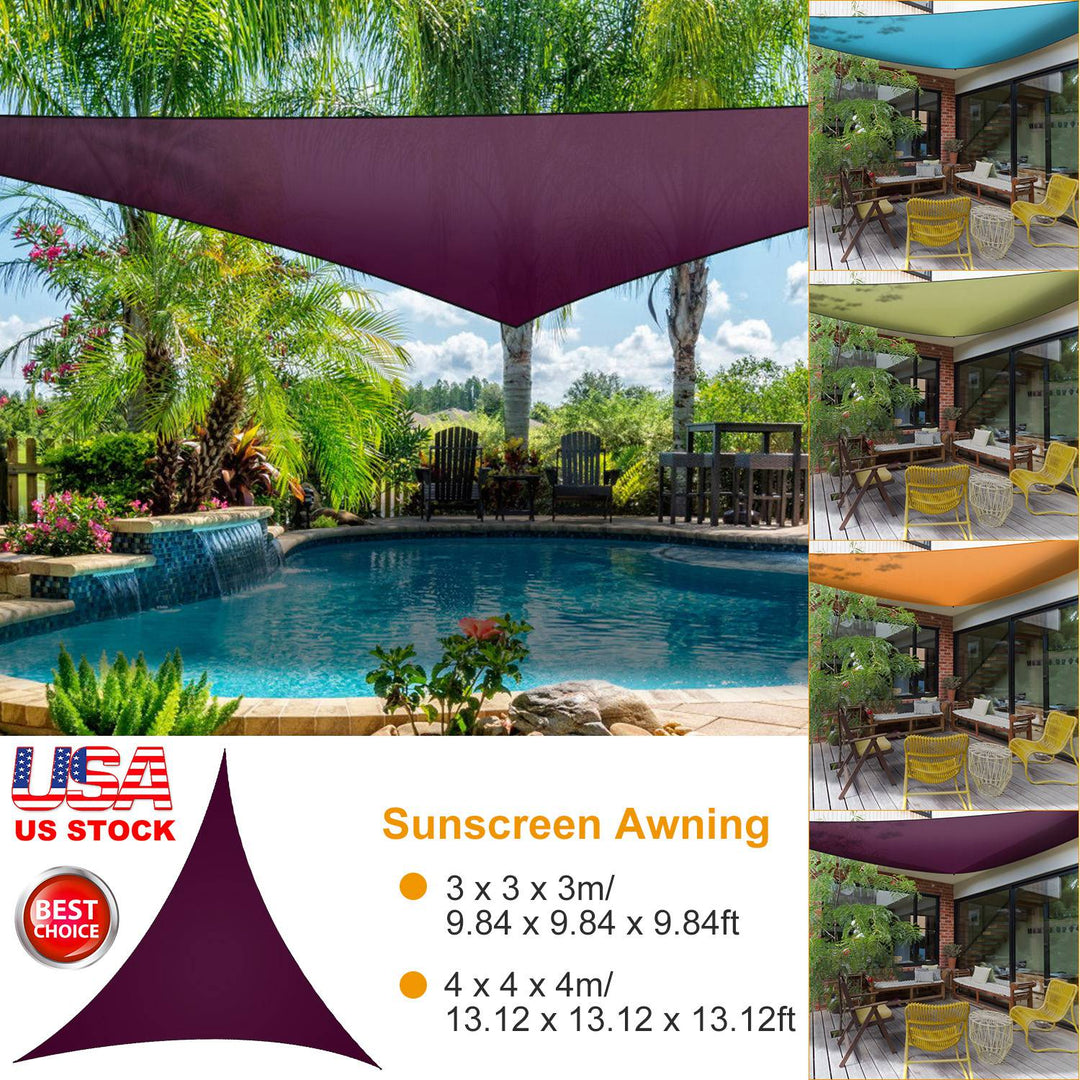 Deep purple triangle shade sail canopy shown with size options