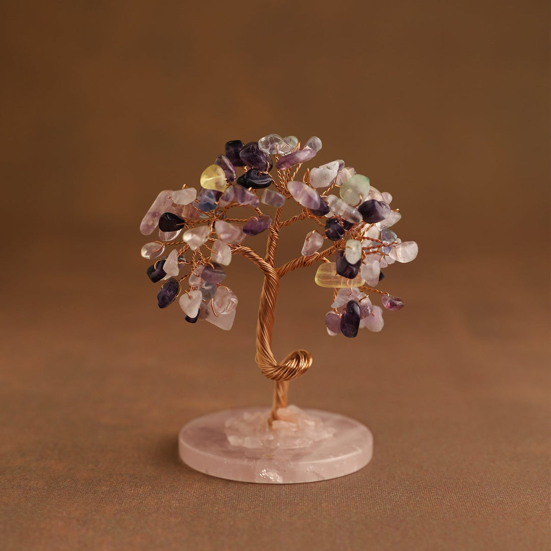 Crystal tree ornament with multicolor gemstone chips on pink round base