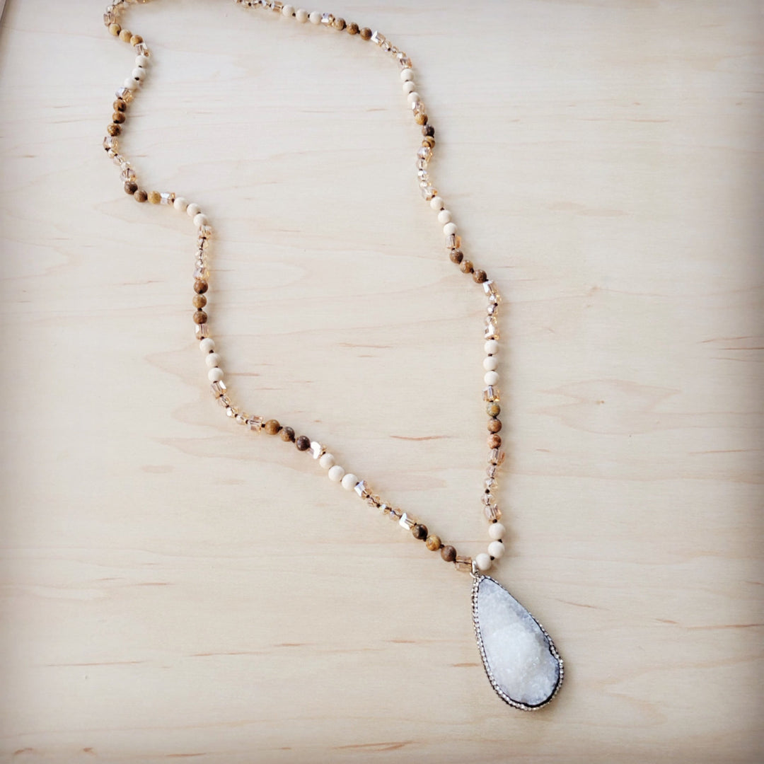 Picture jasper beaded necklace with light blue teardrop druzy pendant