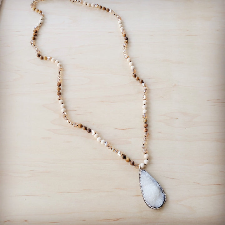 Picture jasper beaded necklace with light blue teardrop druzy pendant
