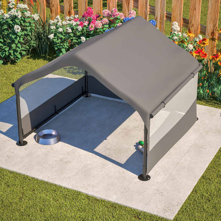 Gray outdoor dog shelter tent with open front mesh panels and side panels