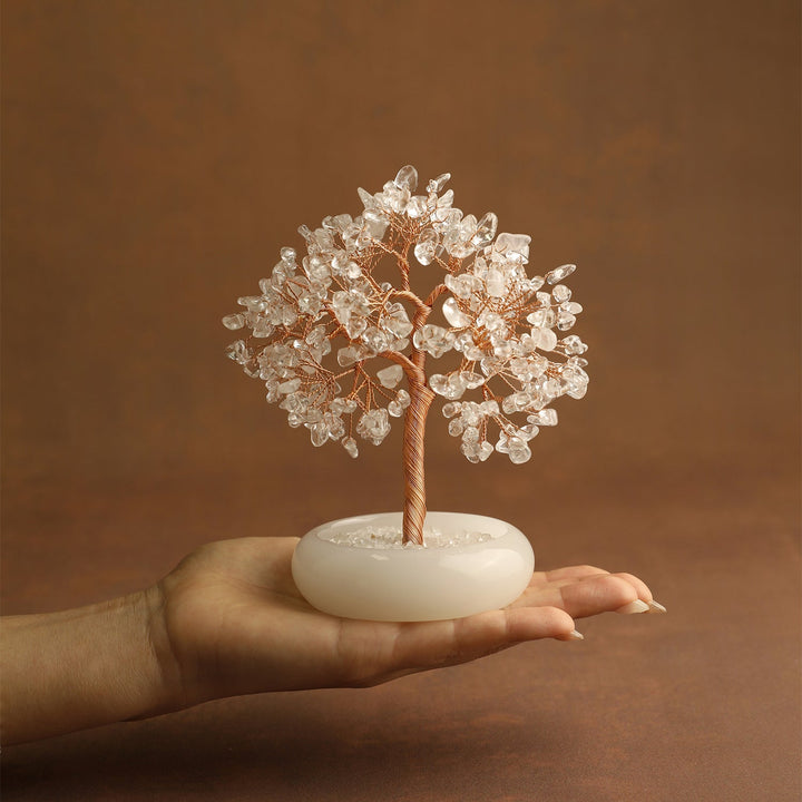 Clear crystal gemstone tree on white round jade-style base