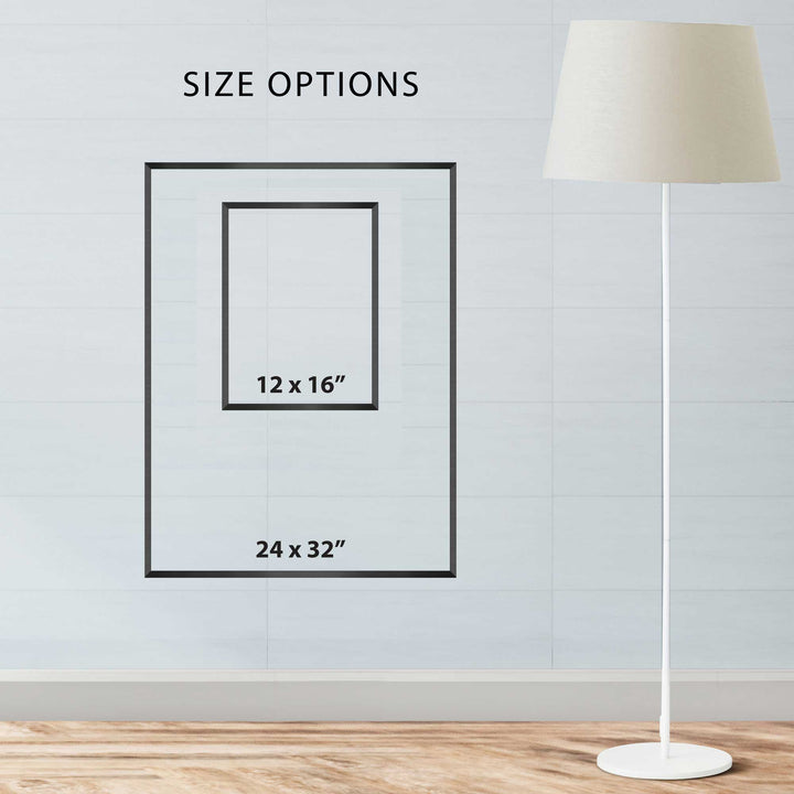 Wood-framed fruit poster size options diagram with two measurement boxes