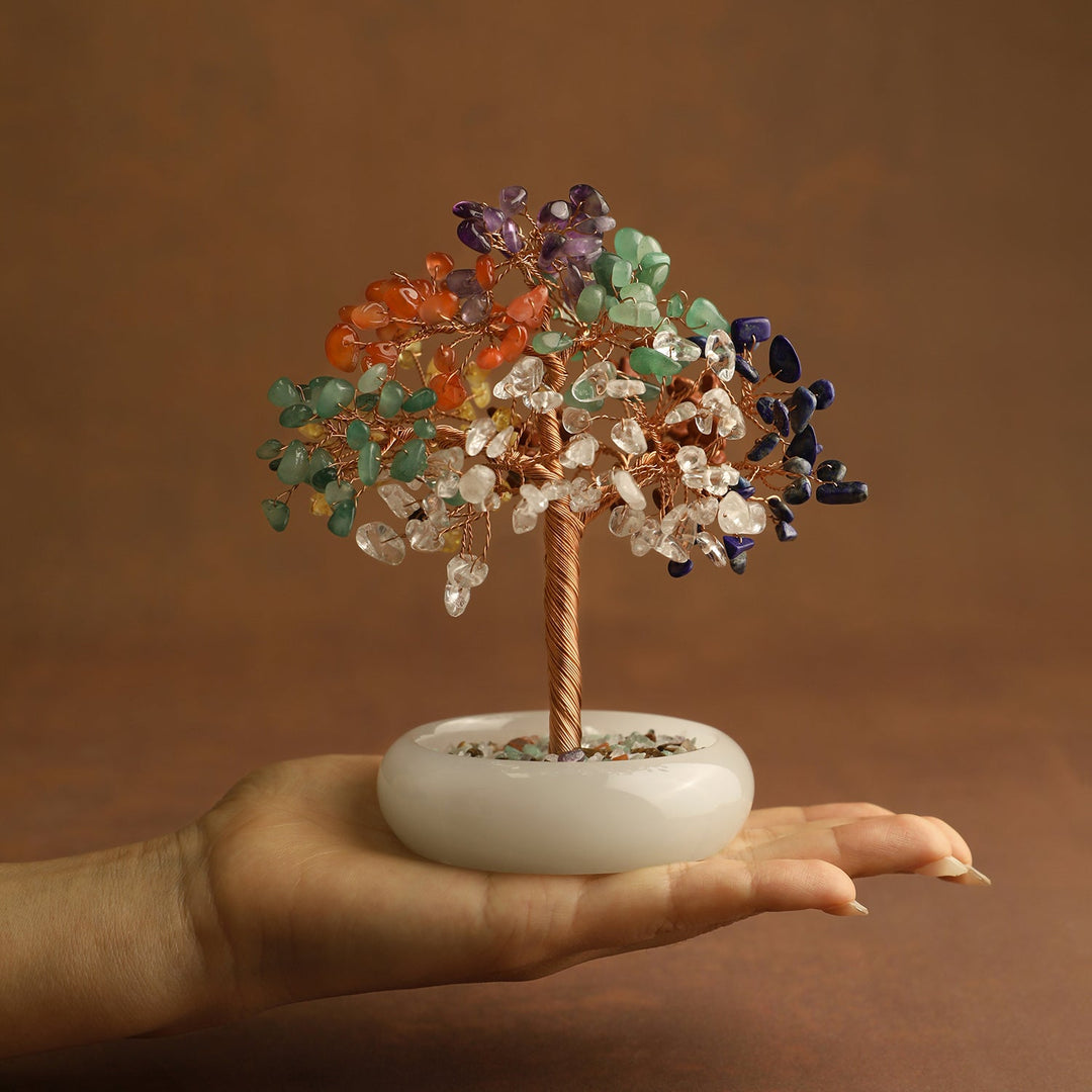 Multicolor crystal tree ornament with gold wire trunk and round stone base