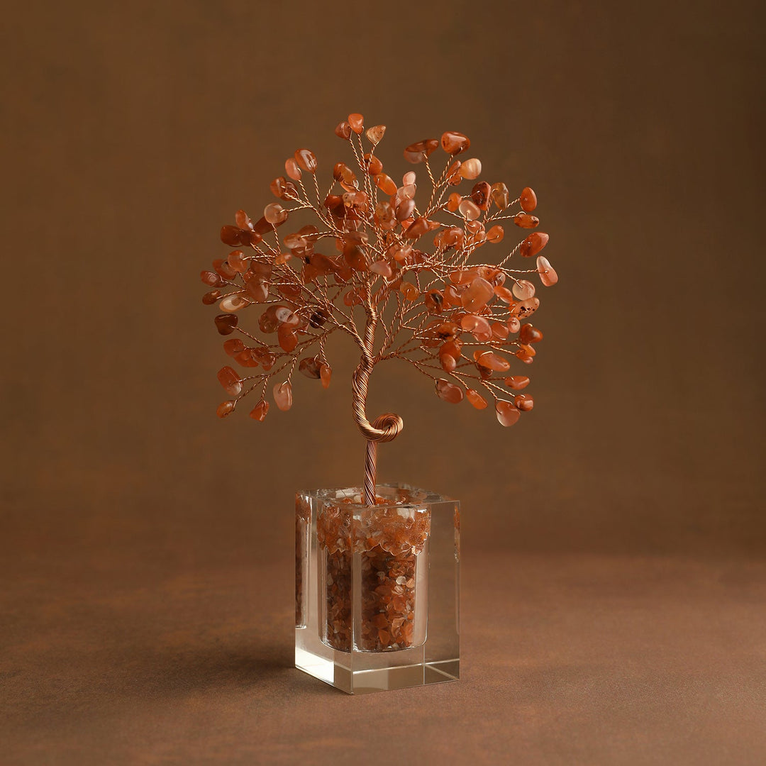 Orange gemstone crystal tree ornament with twisted wire trunk and clear cube base