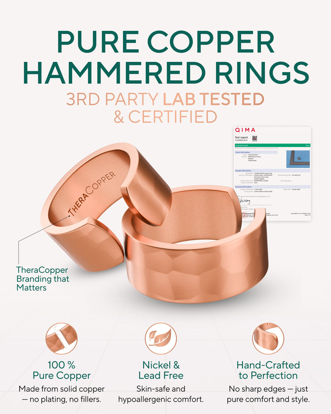 Hammered pure copper open-cuff rings, wide textured bands