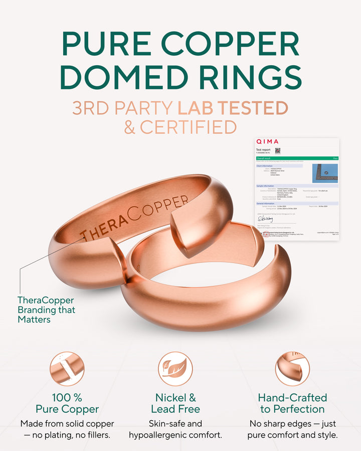 Pure copper domed rings pair with smooth rounded open bands