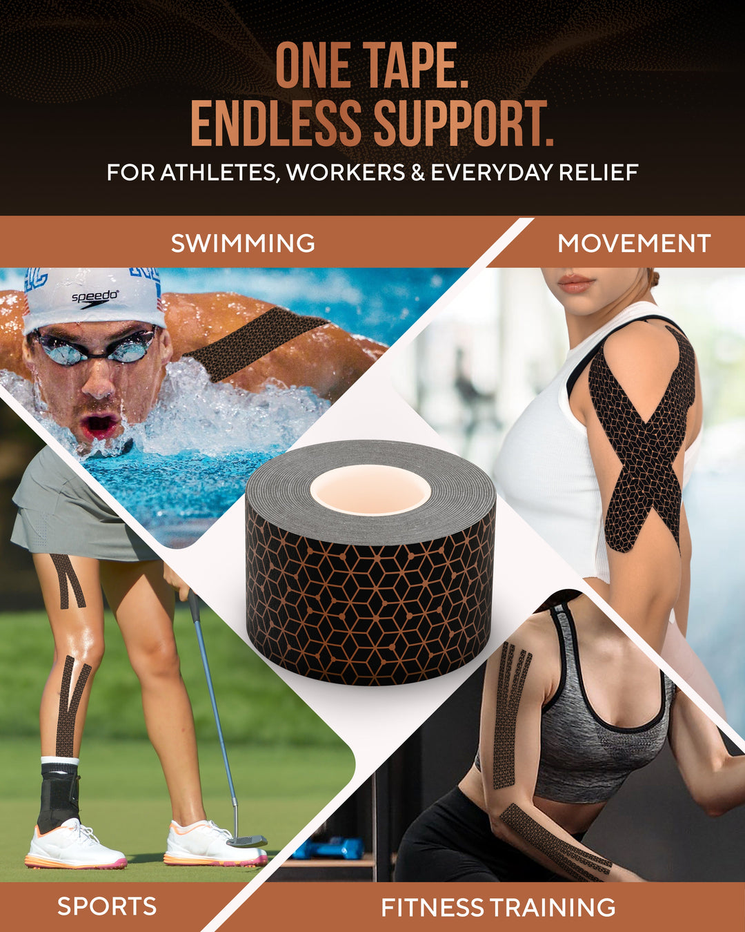 Copper kinesiology tape roll with honeycomb pattern, shown for sports and fitness