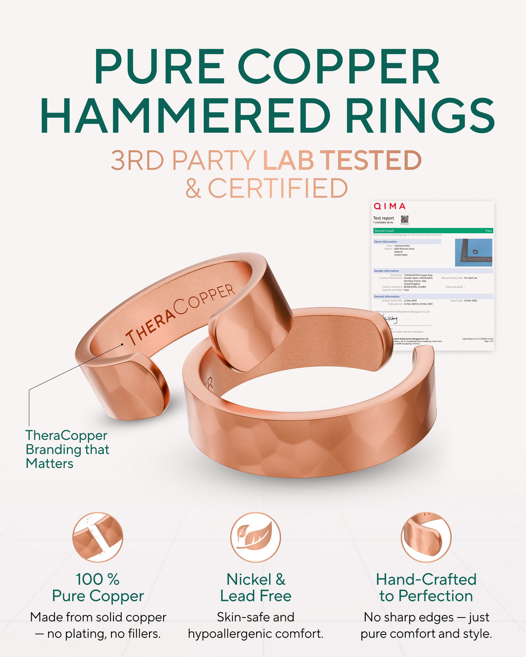 Hammered copper ring set with wide open bands on display