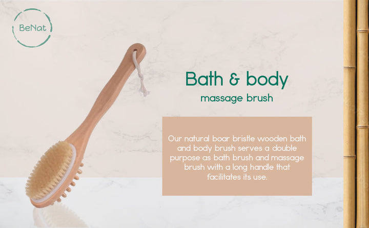 Wood bath and body massage brush with curved handle and oval soft bristle head