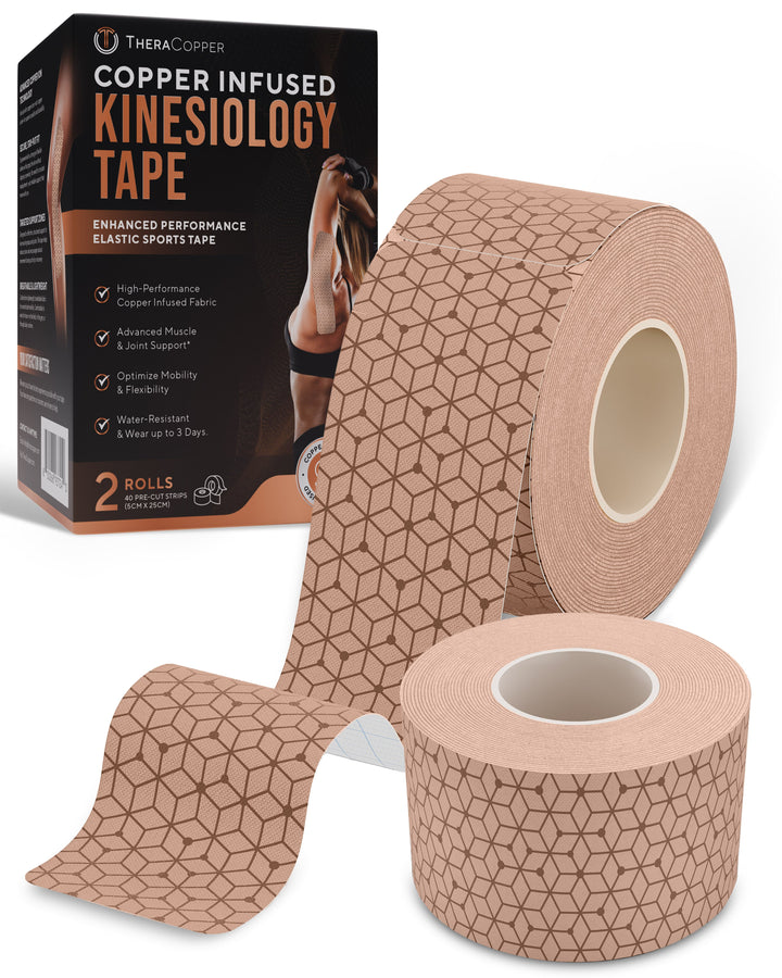Tan copper-infused kinesiology tape roll with precut strips, 2-roll pack