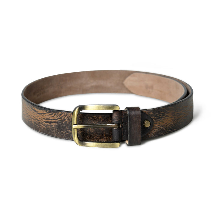 Dark brown leather belt with gold-tone buckle and round rivet tab