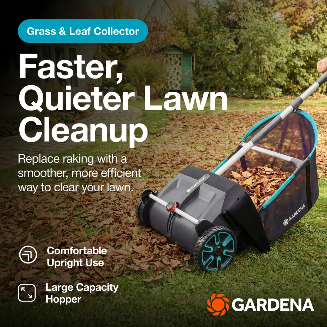 Leaf and lawn collector with front brush head and large black grass bag, teal accents