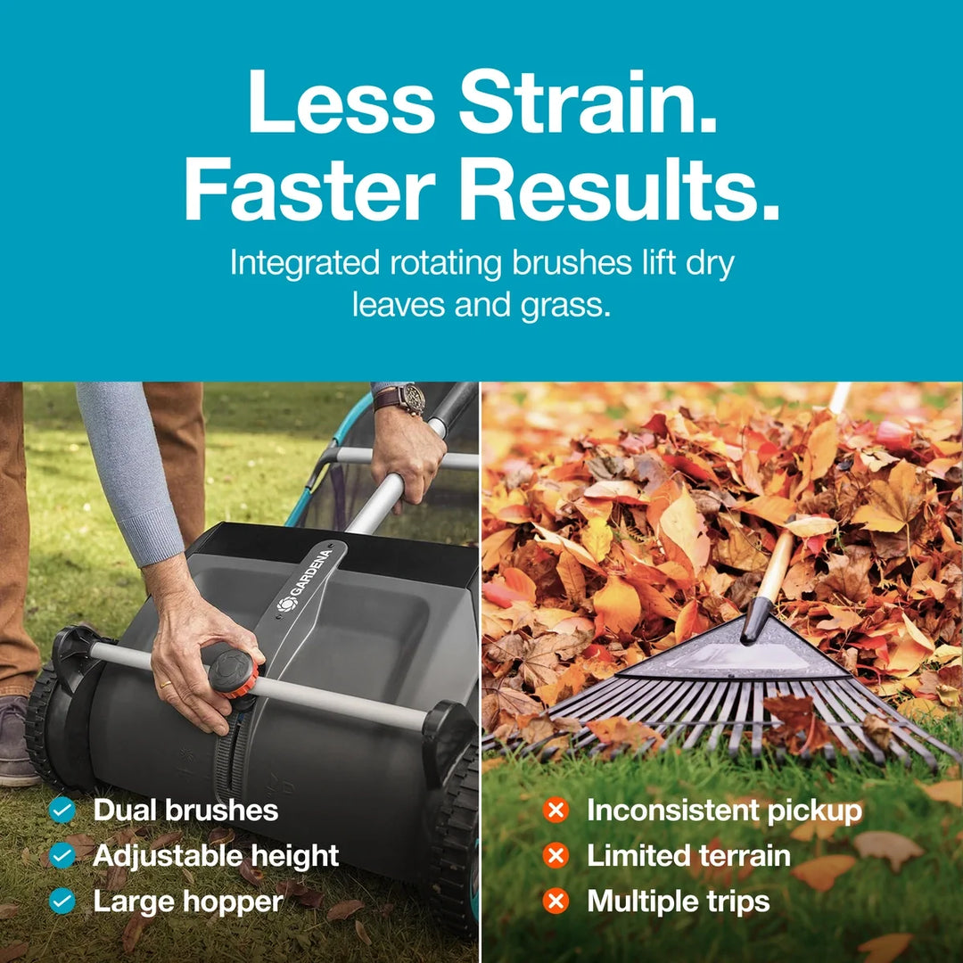 Leaf and lawn collector showing front brush roller with comb-like teeth and teal wheels