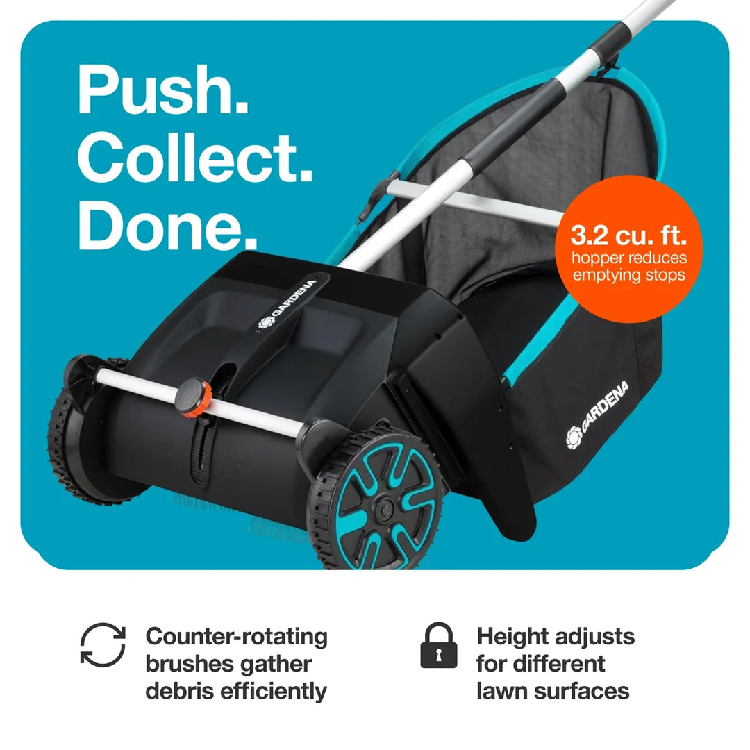 Leaf and lawn collector compact push design with black hopper and teal frame