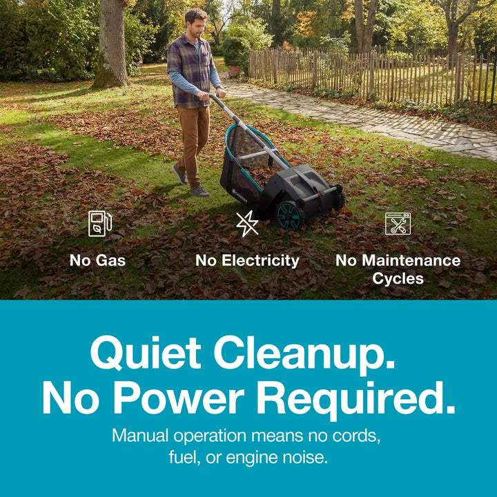 Leaf and lawn collector with upright handle, black hopper bag, and large teal-trimmed wheels
