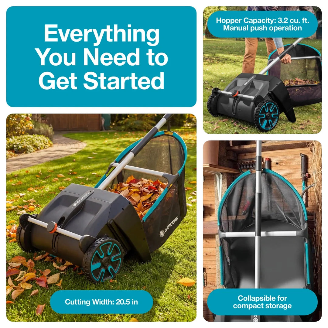 Leaf and lawn collector with compact collapsible frame, black hopper, and teal accents