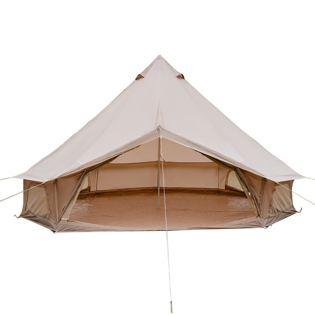 Beige bell camping tent with open front, rope guy lines, and peaked roof