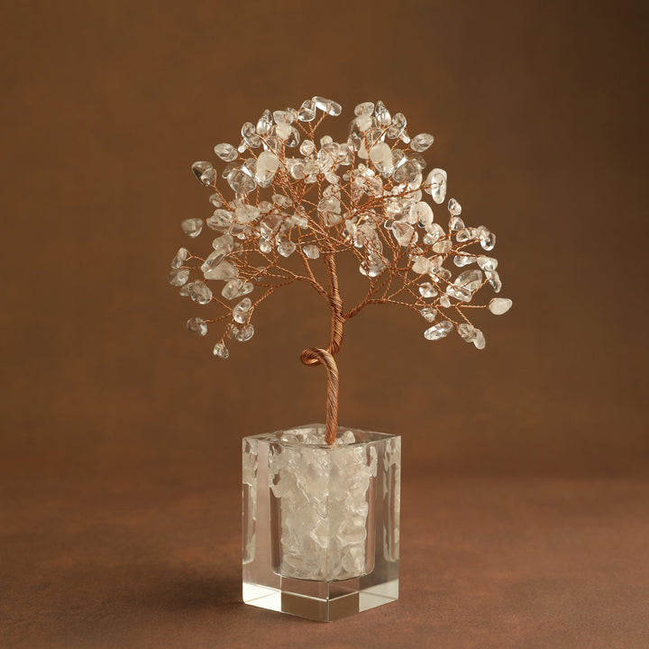 Clear gemstone crystal tree ornament with white-toned leaves and clear cube base