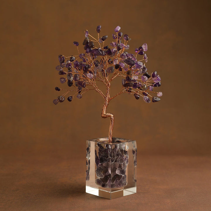 Purple gemstone crystal tree ornament with dark-toned leaves and clear cube base