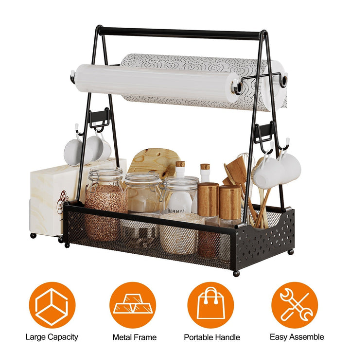 Black metal grill caddy with paper towel holder, utensil hooks, and mesh accessory trays